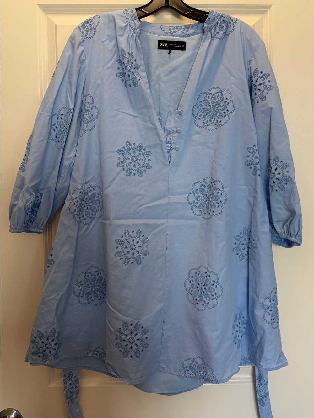 Zara Light Blue Eyelet Embroidered Mini Dress